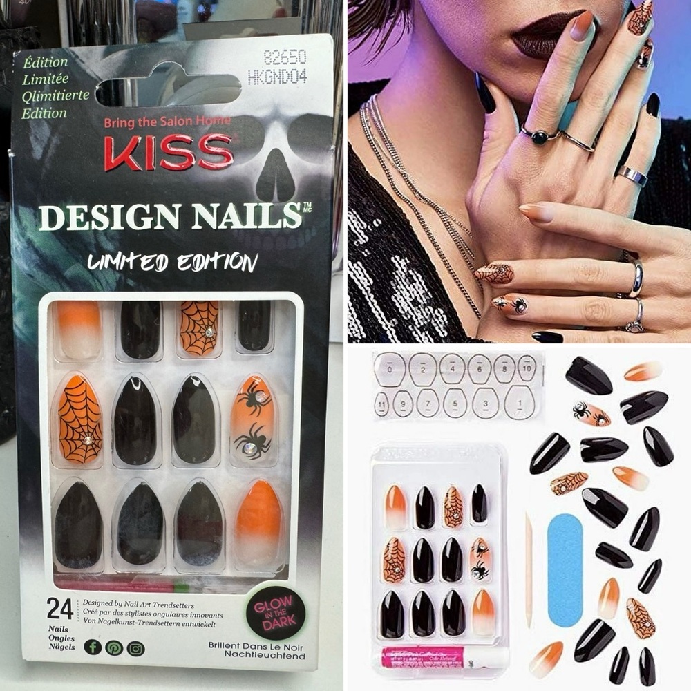 KISS Limited Edition Design Nails Press On Nails Orange Ombre Spider Web Black